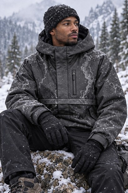 Storm Anorak — Silver Coon Winter, Winter Charcoal — worn outdoors
