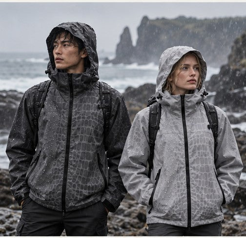 Storm Shell — Crocodile, Charcoal — worn outdoors