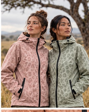Storm Shell — Leopard, Blush — worn outdoors