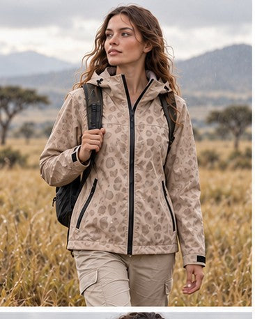 Storm Shell — Leopard, Latte — worn outdoors