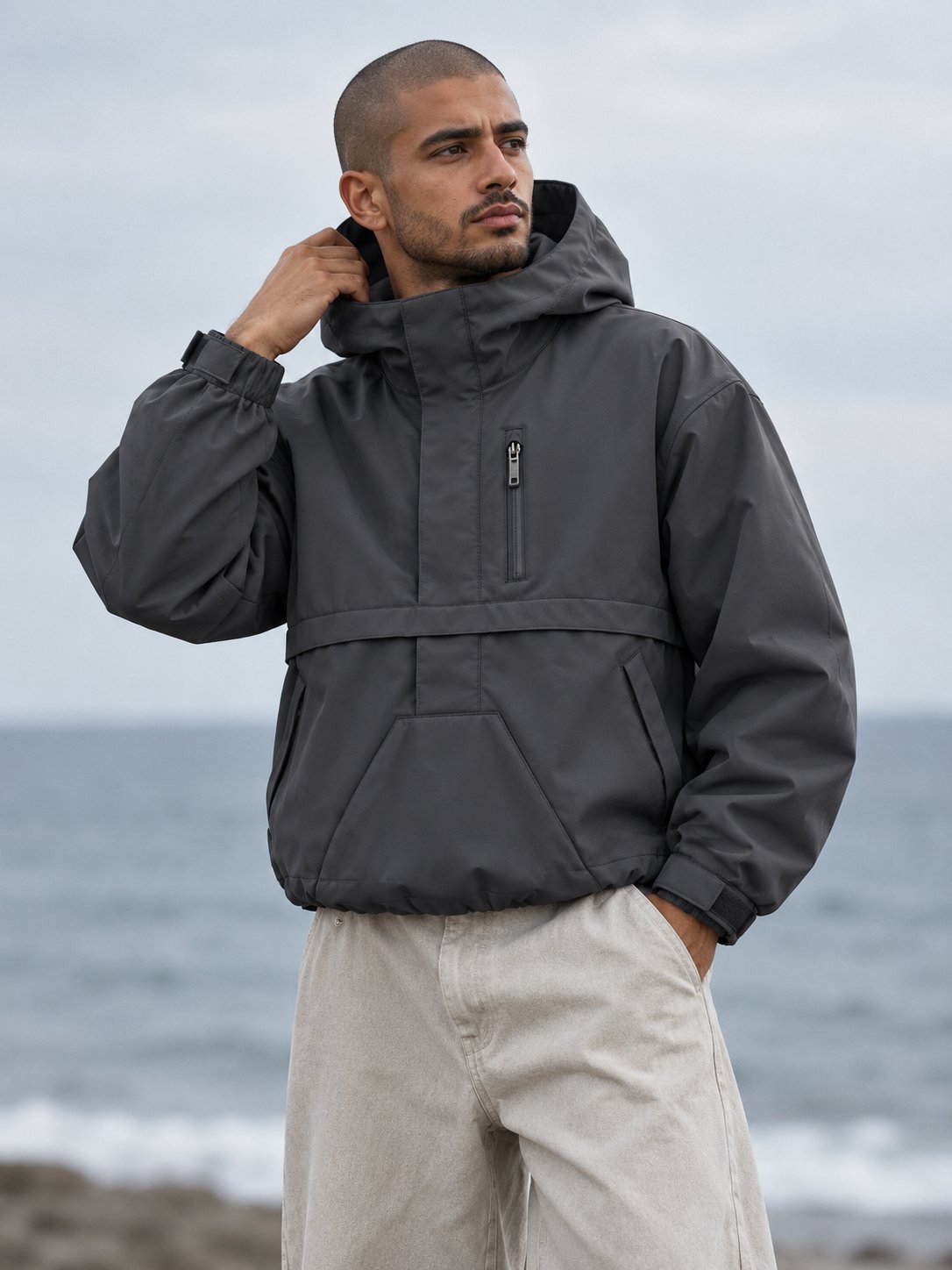 Storm Shell — Winter Anorak, Winter Charcoal — worn outdoors