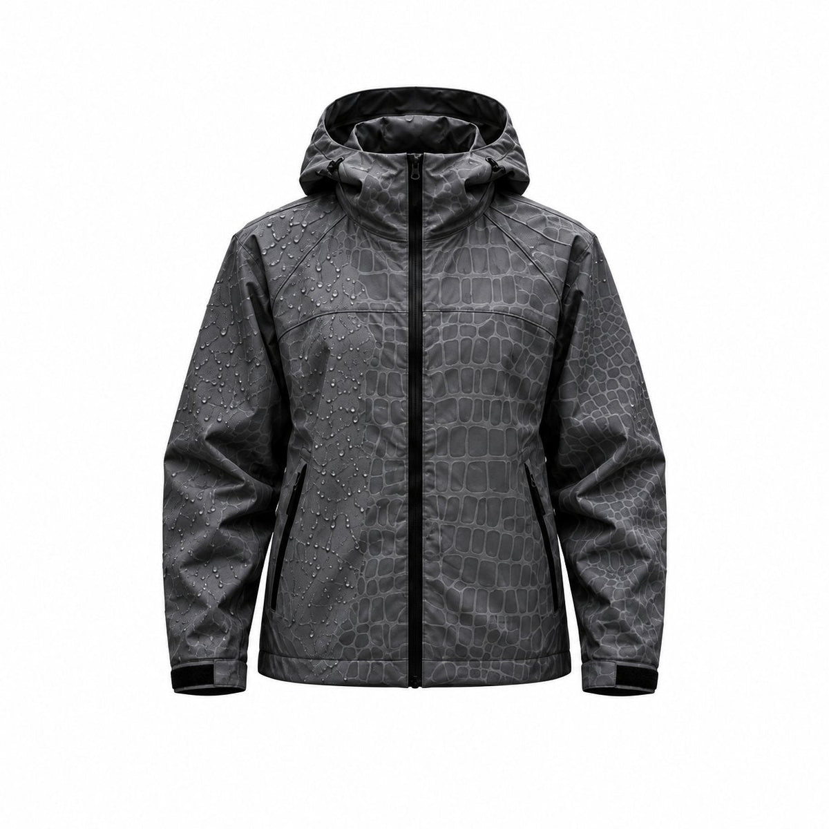 Storm Shell — Crocodile, Charcoal — wet, print revealed