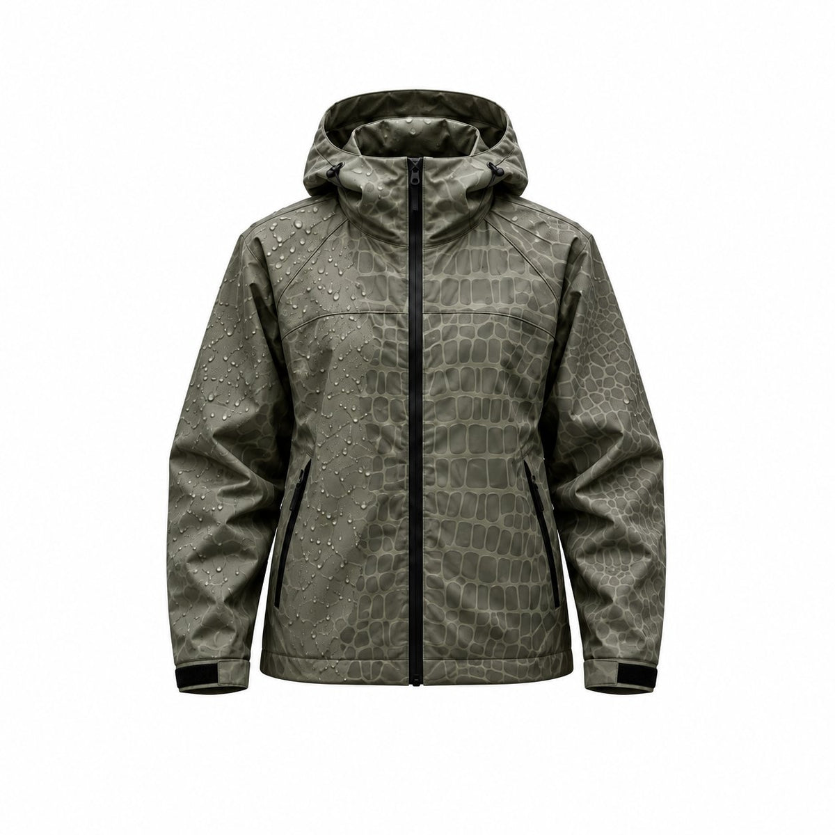 Storm Shell — Crocodile, Sage Gray — wet, print revealed