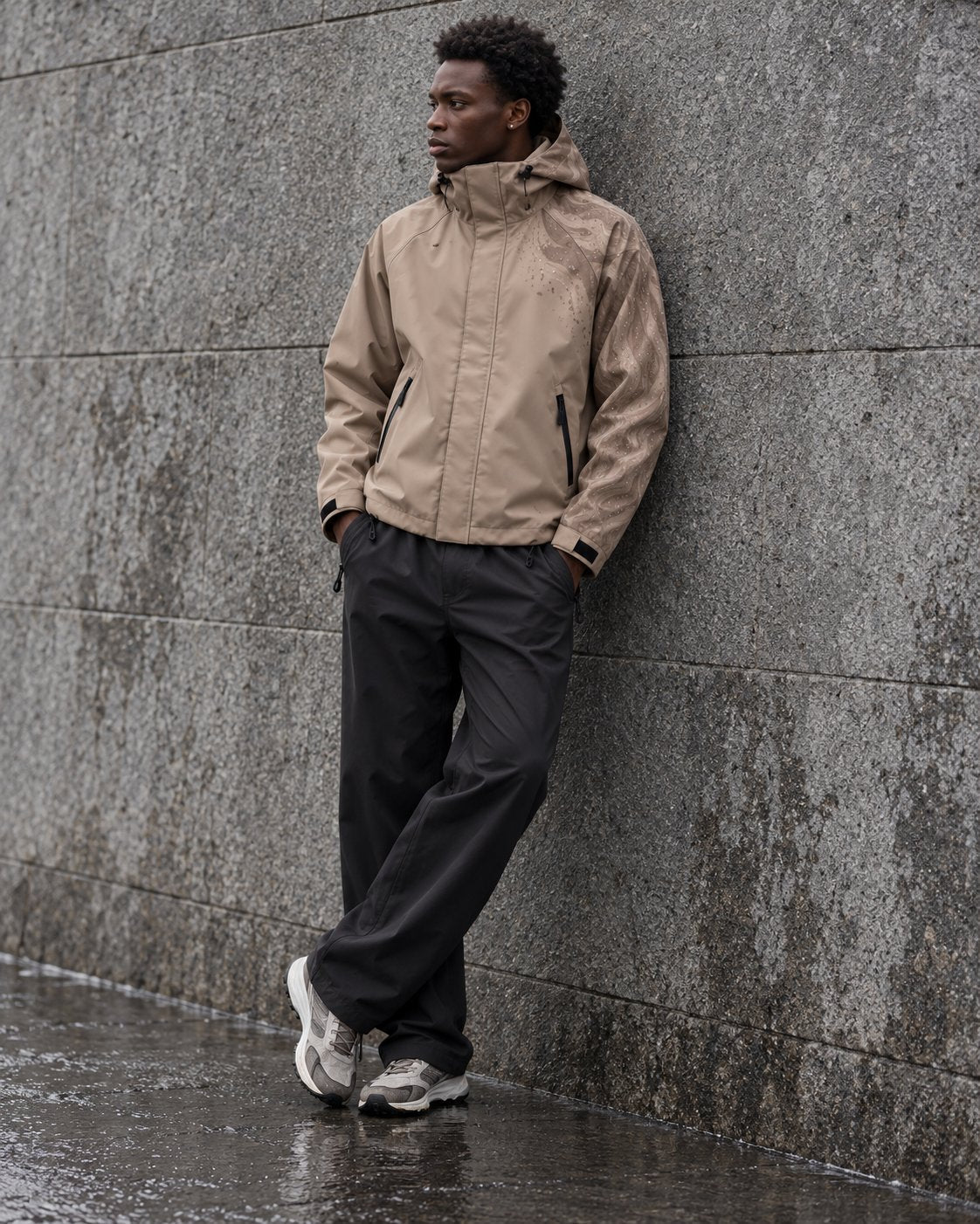Storm Shell — Lion, Soft Taupe — worn outdoors