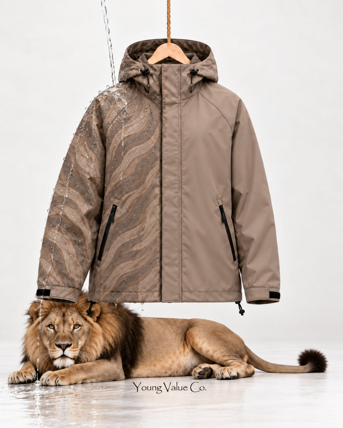 Storm Shell Lion — Soft Taupe — in water, with the lion (post 70)