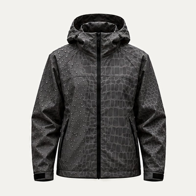 Storm Shell — Crocodile, Charcoal — wet, print revealed