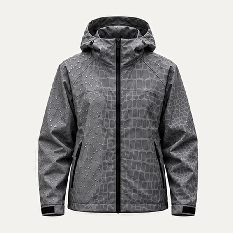 Storm Shell — Crocodile, Fog Gray — wet, print revealed