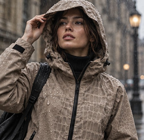 Storm Shell — Crocodile, Warm Greige — worn outdoors