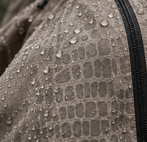 Storm Shell — Crocodile, Warm Greige — worn outdoors
