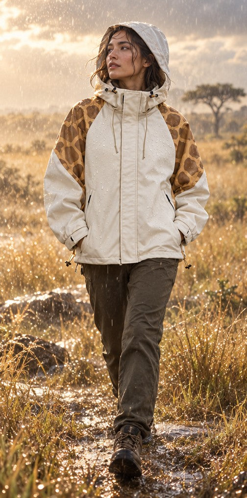 Storm Shell — Giraffe, Ivory Camel — worn outdoors
