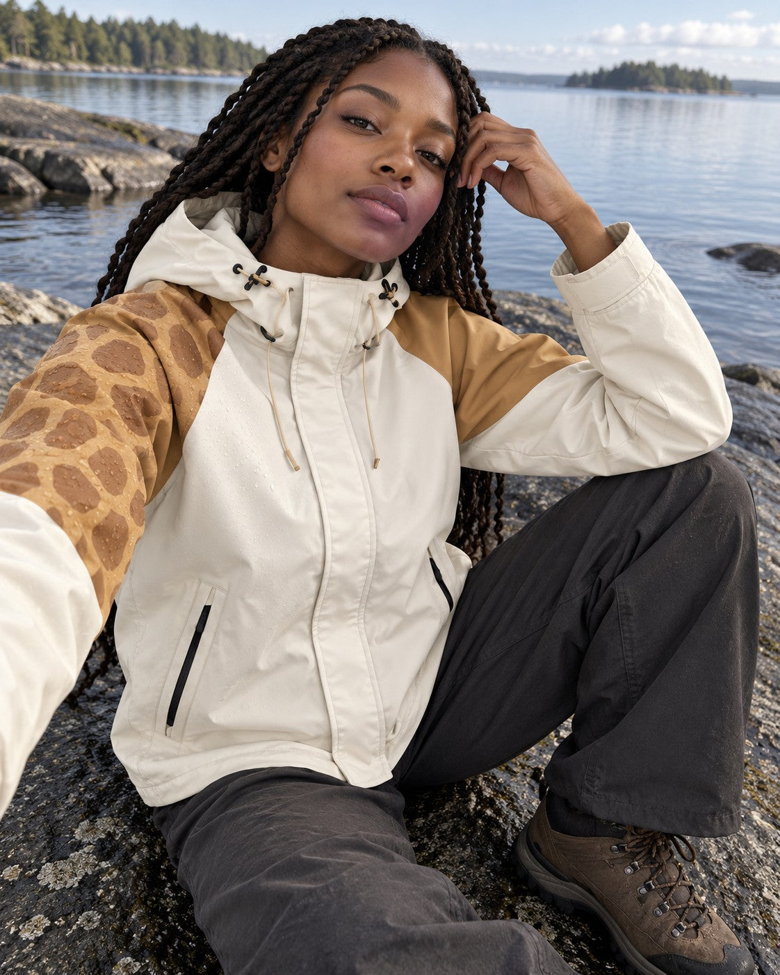 Storm Shell — Giraffe, Ivory Camel — worn outdoors