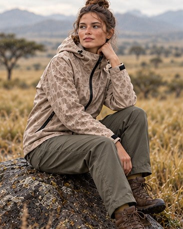 Storm Shell — Leopard, Latte — worn outdoors