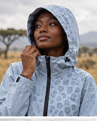 Storm Shell — Leopard, Powder Blue — worn outdoors