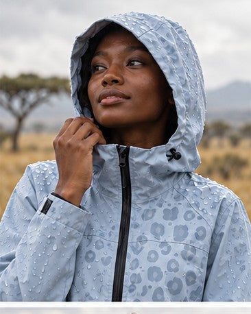 Storm Shell — Leopard, Powder Blue — worn outdoors