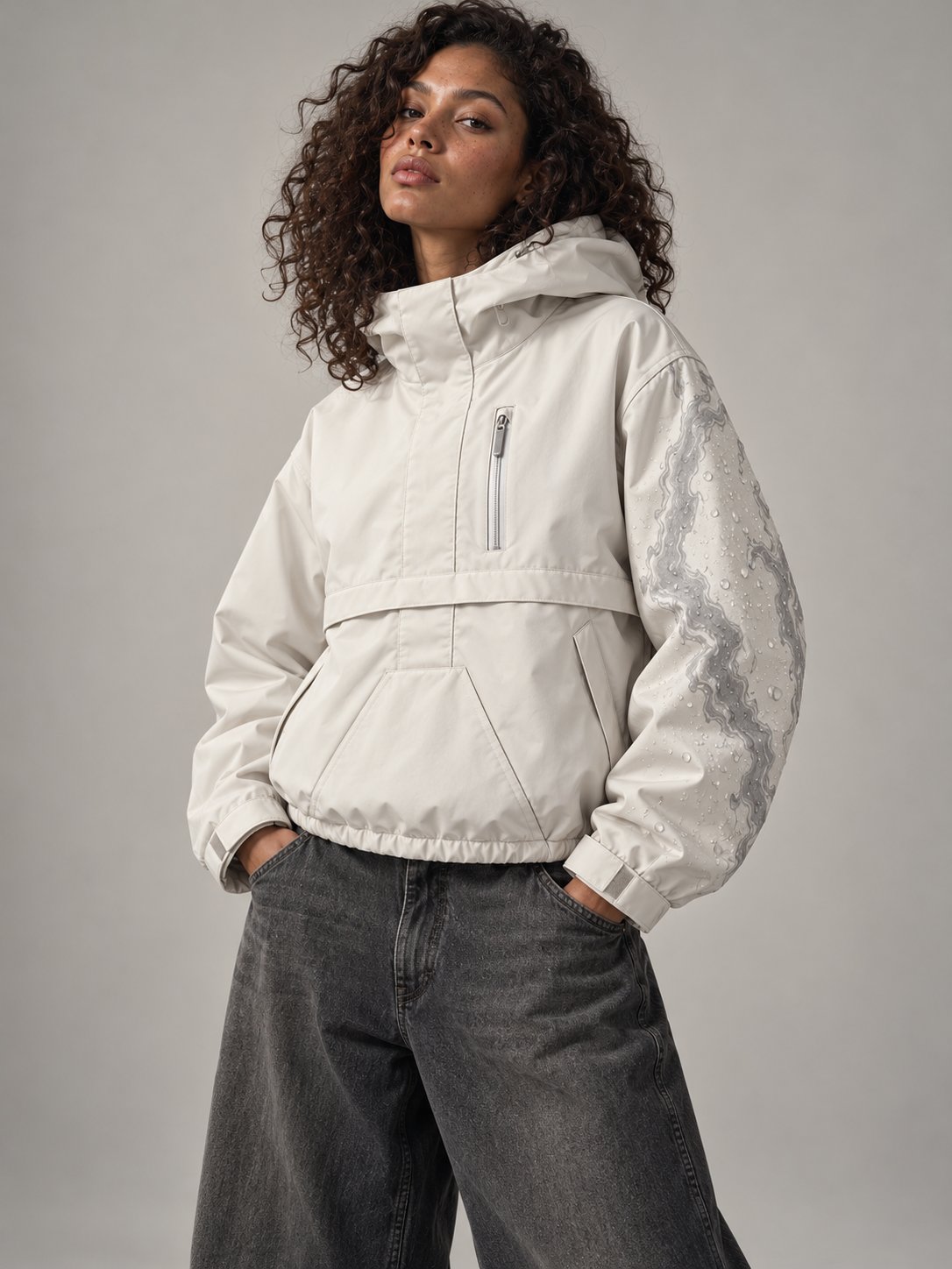 Storm Shell — Winter Anorak, Frost Ivory — worn outdoors