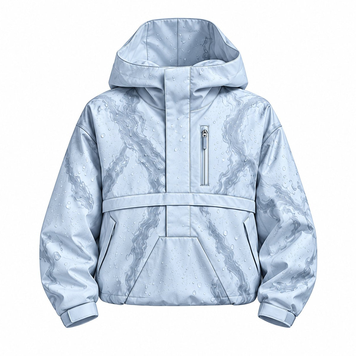 Storm Shell — Winter Anorak, Ice Blue — wet, print revealed