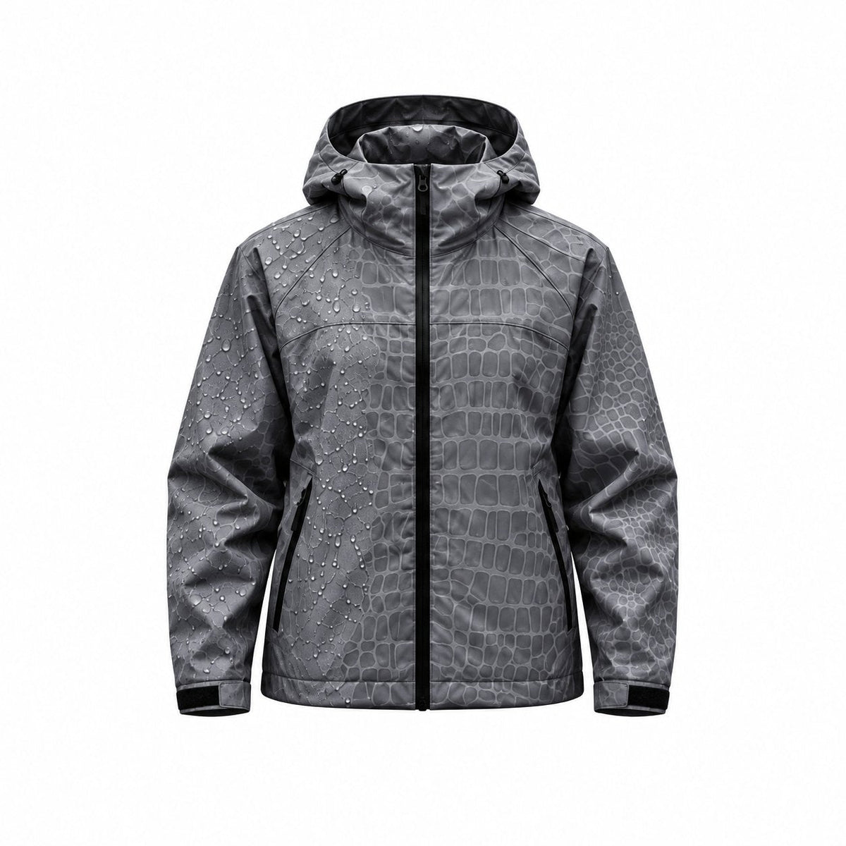 Storm Shell — Crocodile, Fog Gray — wet, print revealed