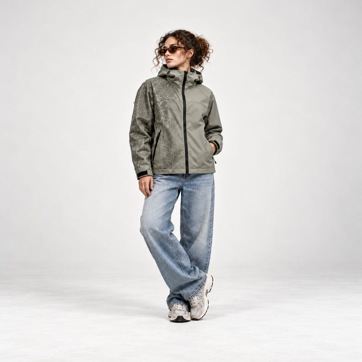 Storm Shell — Crocodile, Sage Gray — worn outdoors