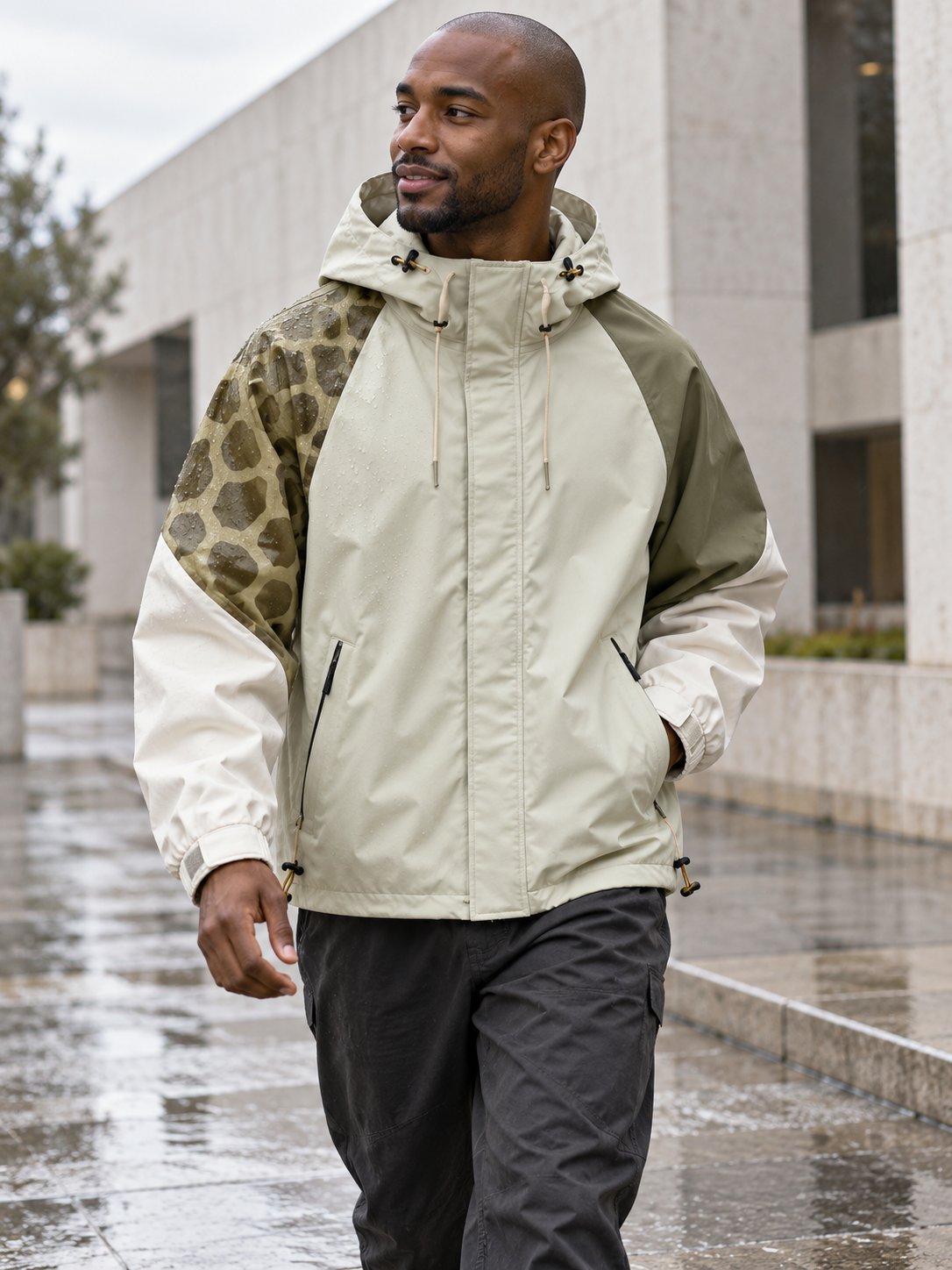 Storm Shell — Giraffe, Dusty Olive — worn outdoors