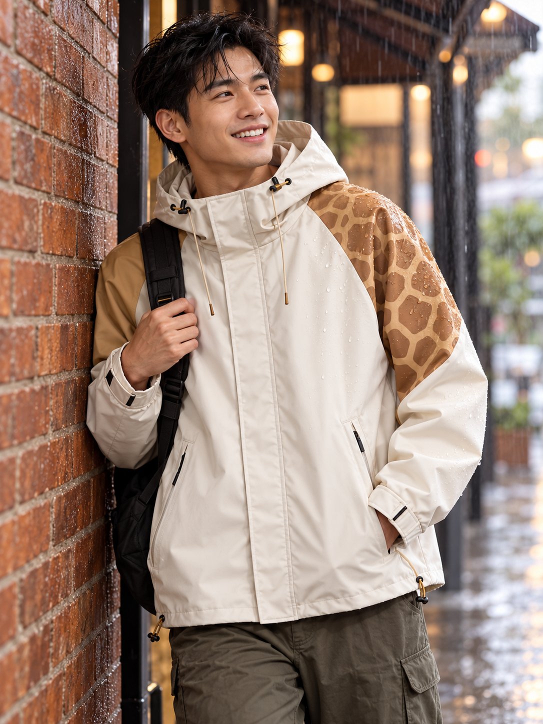 Storm Shell — Giraffe, Ivory Camel — worn outdoors