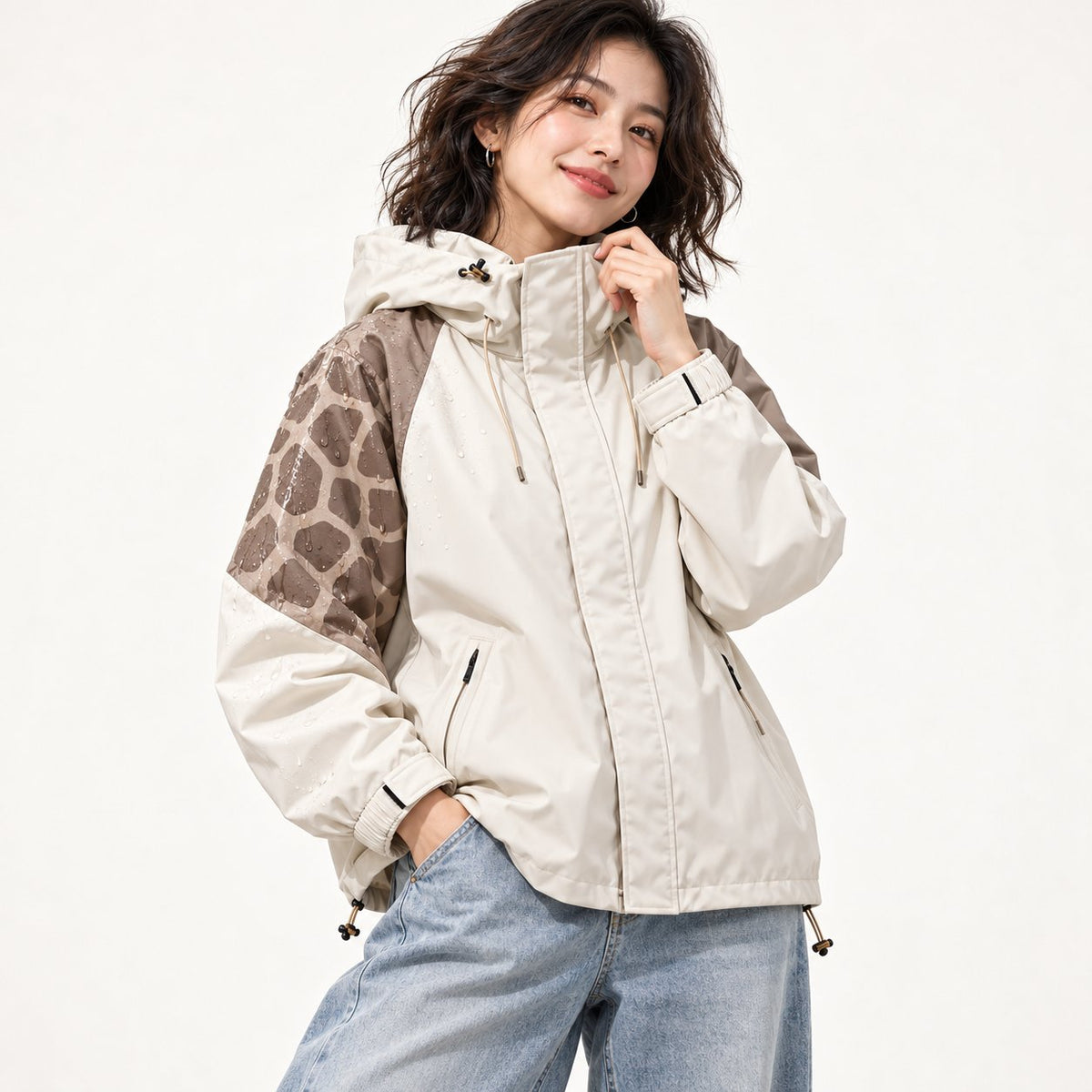 Storm Shell — Giraffe, Stone Taupe — worn outdoors