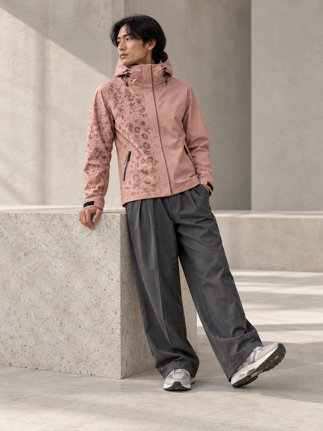 Storm Shell — Leopard, Blush Rose — worn outdoors
