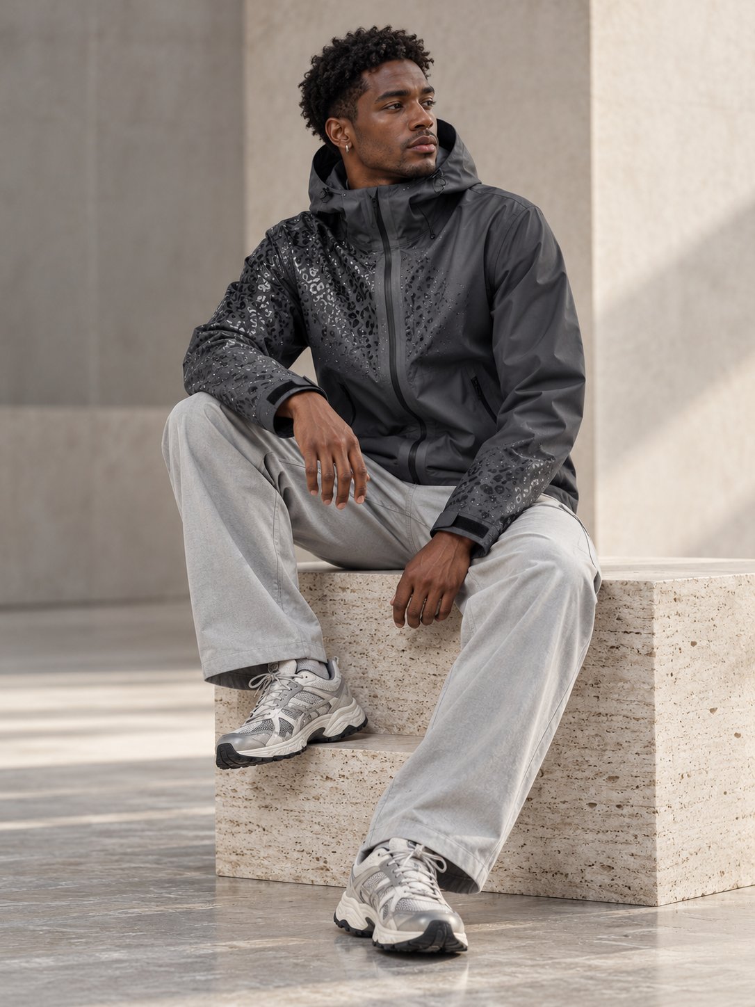 Storm Shell — Leopard, Charcoal — worn outdoors