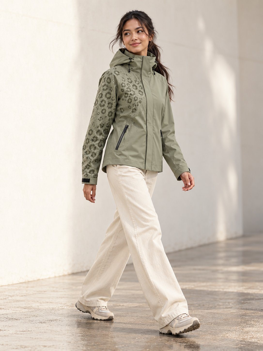 Storm Shell — Leopard, Dusty Sage — worn outdoors
