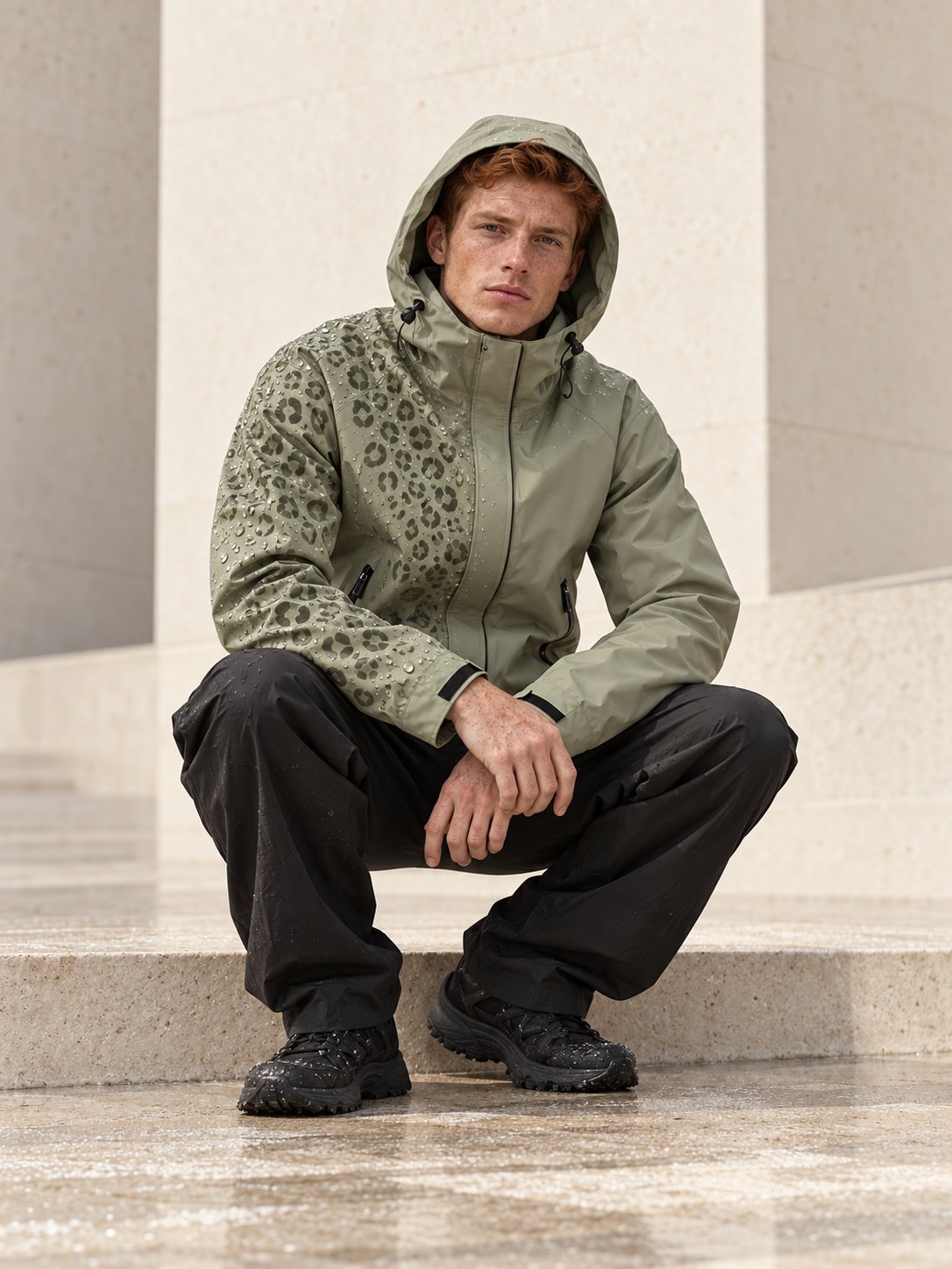Storm Shell — Leopard, Dusty Sage — worn outdoors