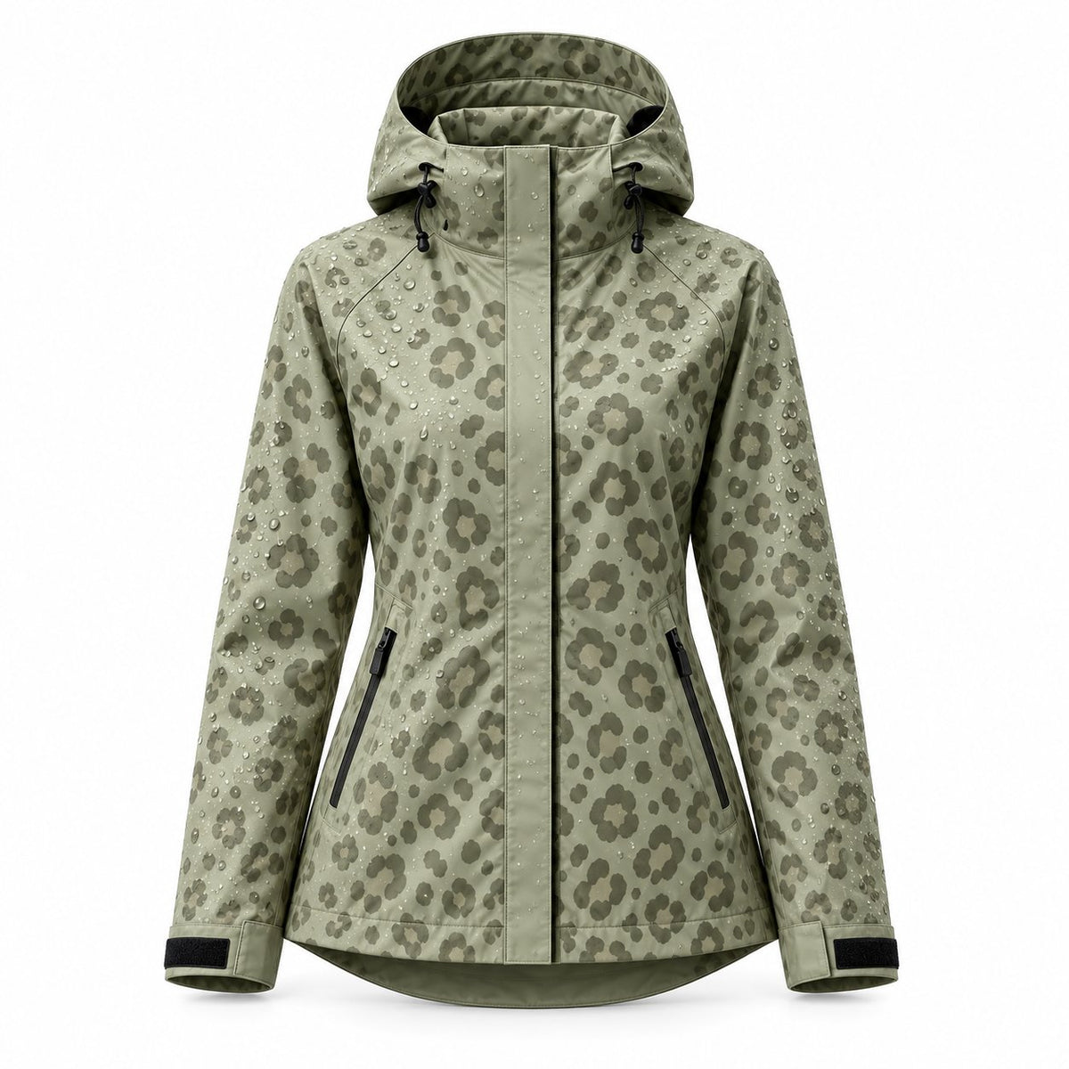 Storm Shell — Leopard, Dusty Sage — wet, print revealed