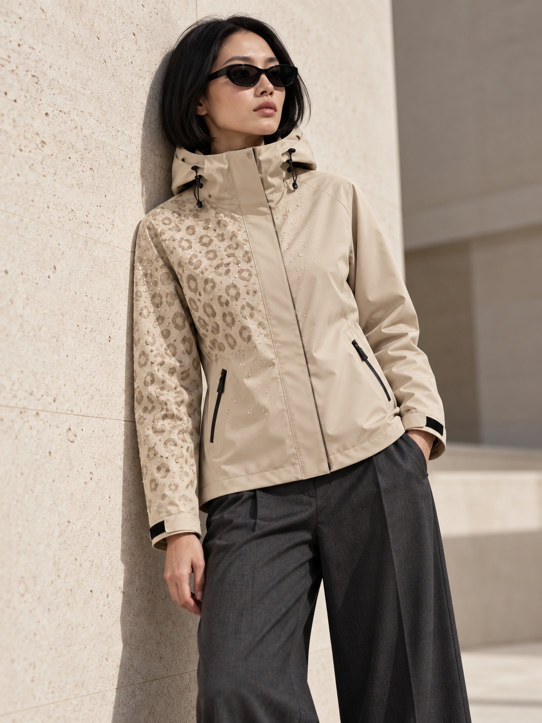 Storm Shell — Leopard, Ivory Sand — worn outdoors