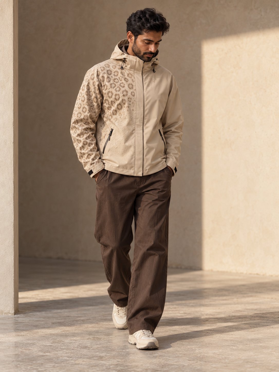 Storm Shell — Leopard, Ivory Sand — worn outdoors