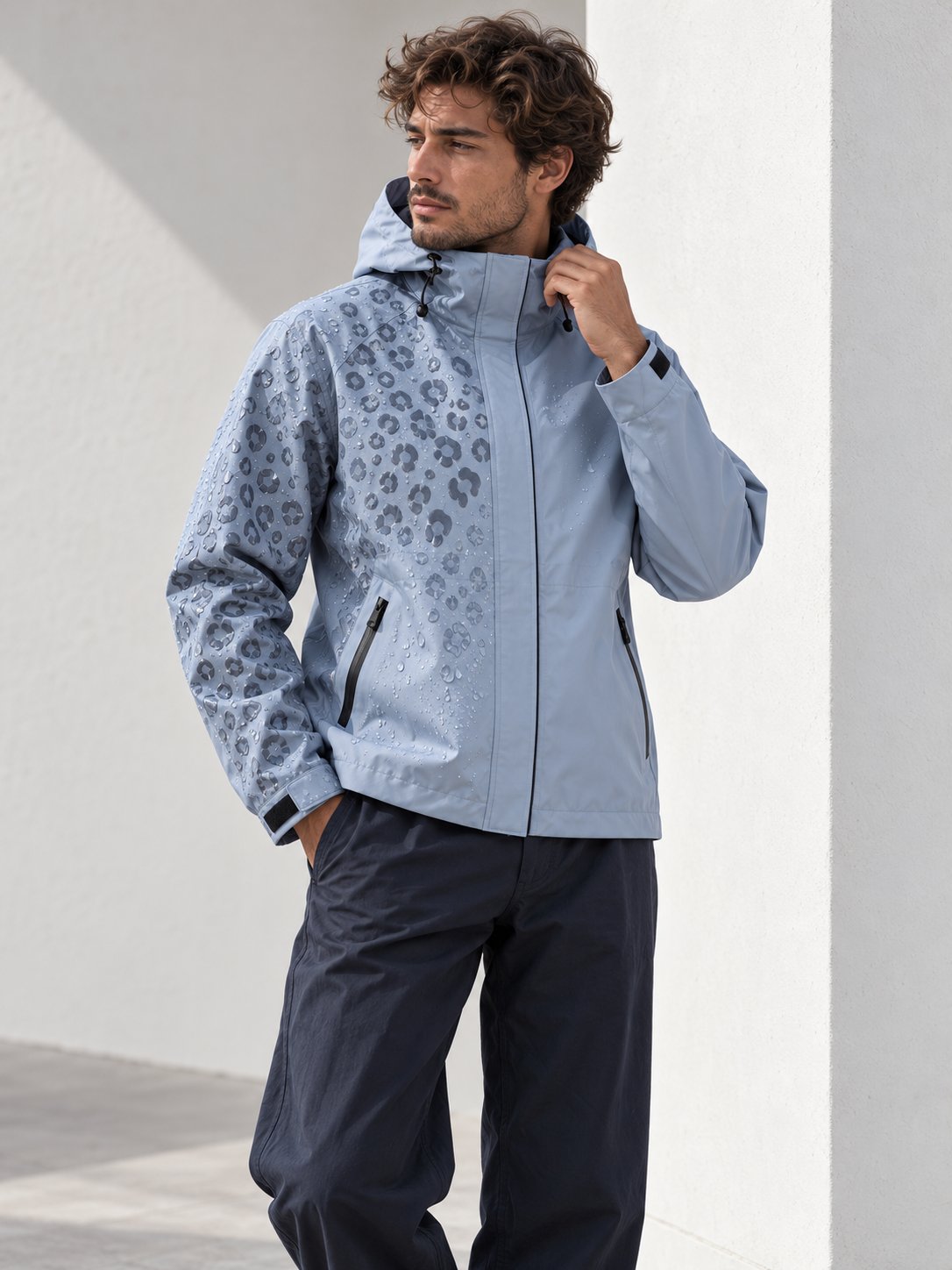Storm Shell — Leopard, Powder Blue — worn outdoors