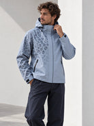 Storm Shell — Leopard, Powder Blue — worn outdoors