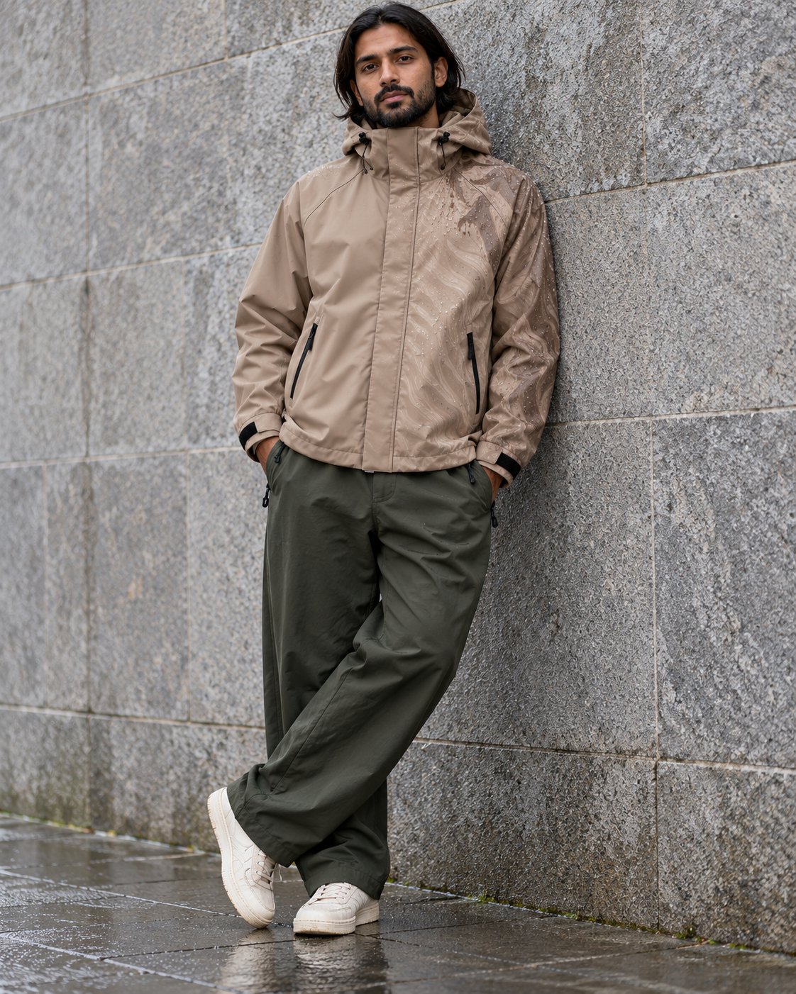 Storm Shell — Lion, Soft Taupe — worn outdoors