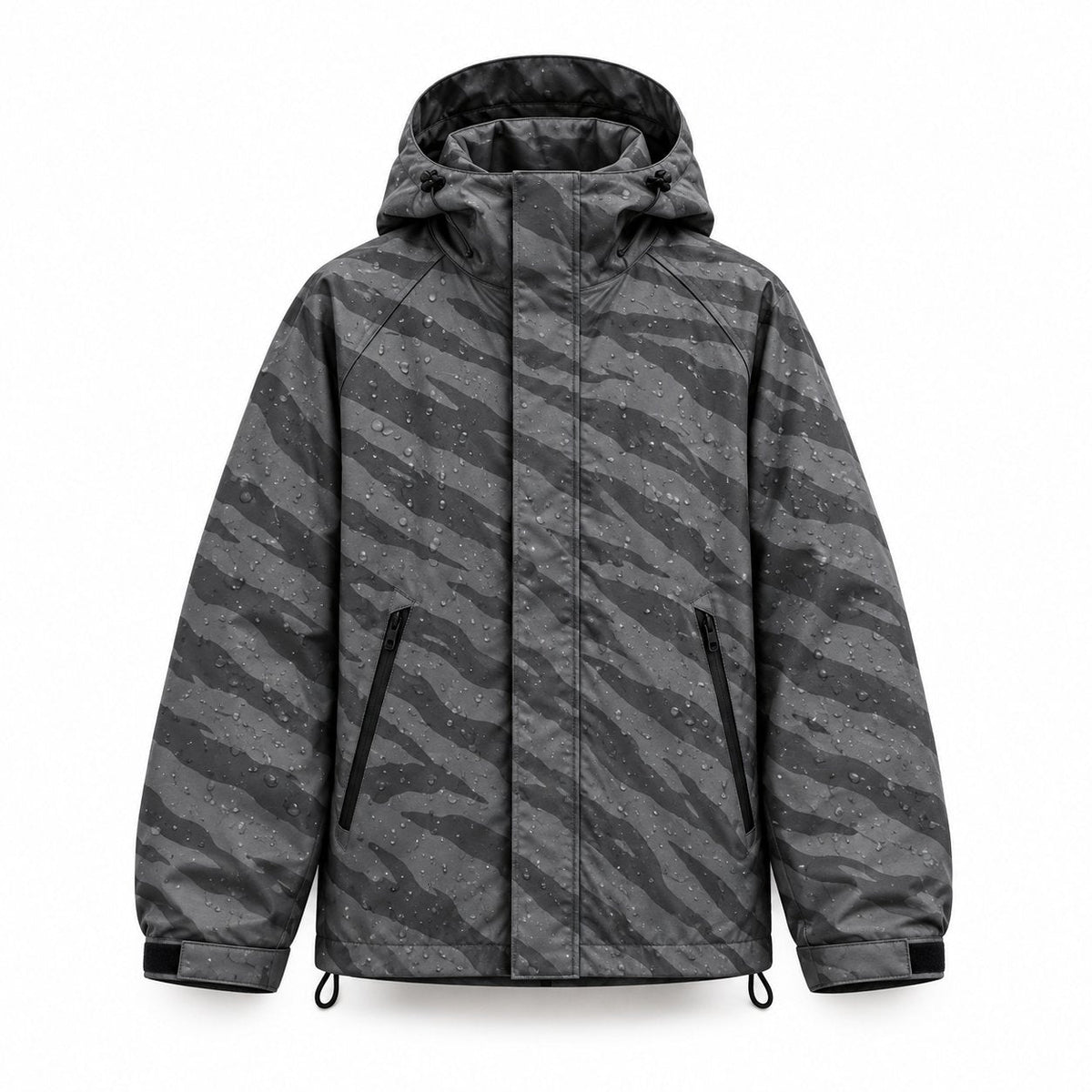 Storm Shell — Tiger, Charcoal — wet, print revealed