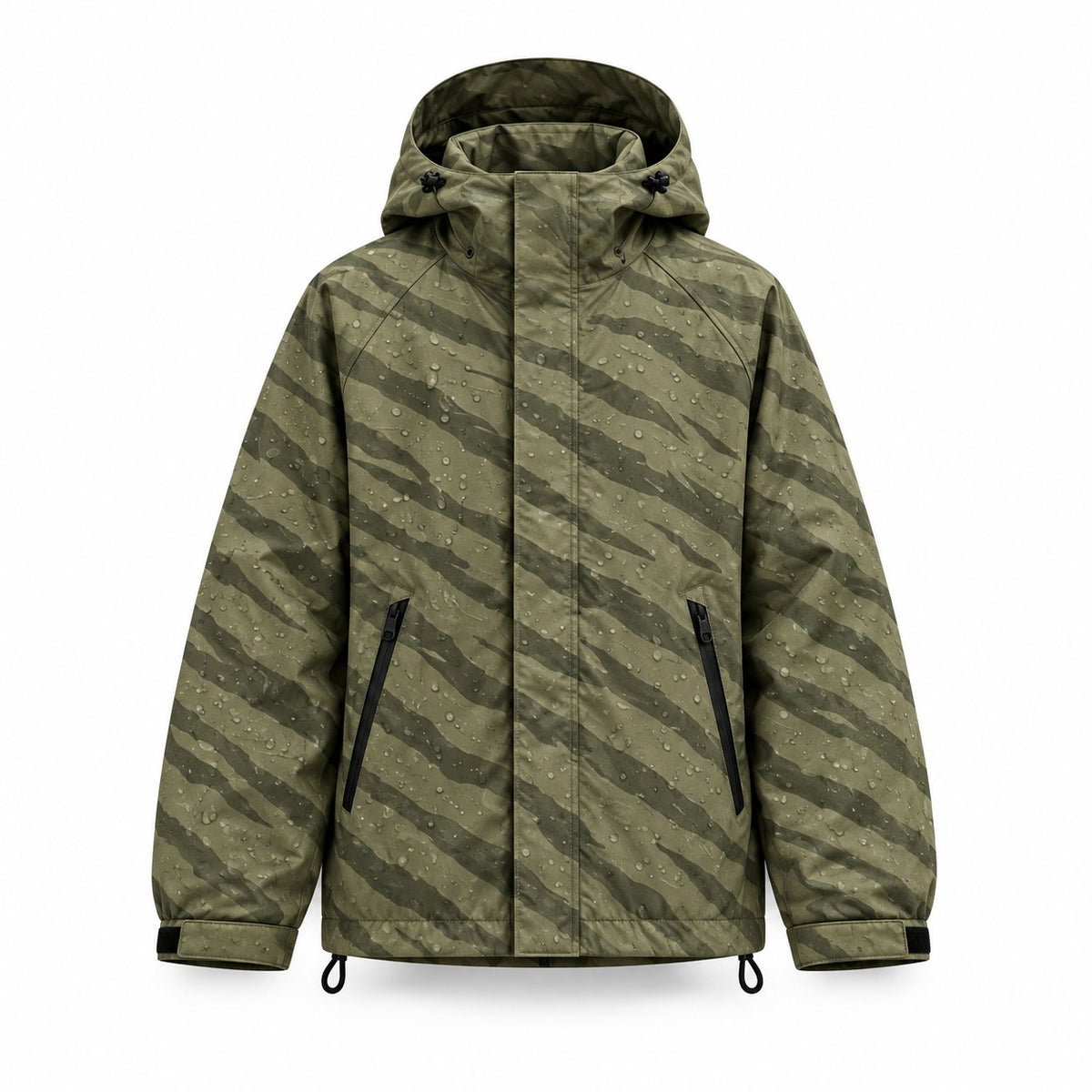 Storm Shell — Tiger, Olive — wet, print revealed