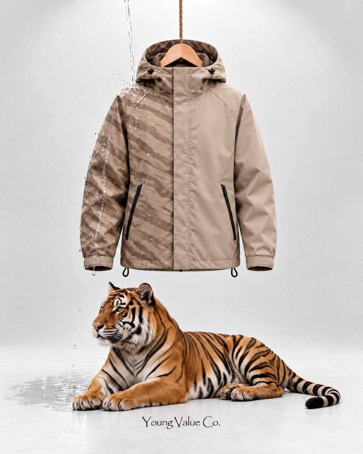 Storm Shell Kids Tiger (adult shown) — Sand — in water, with the tiger (post 69)