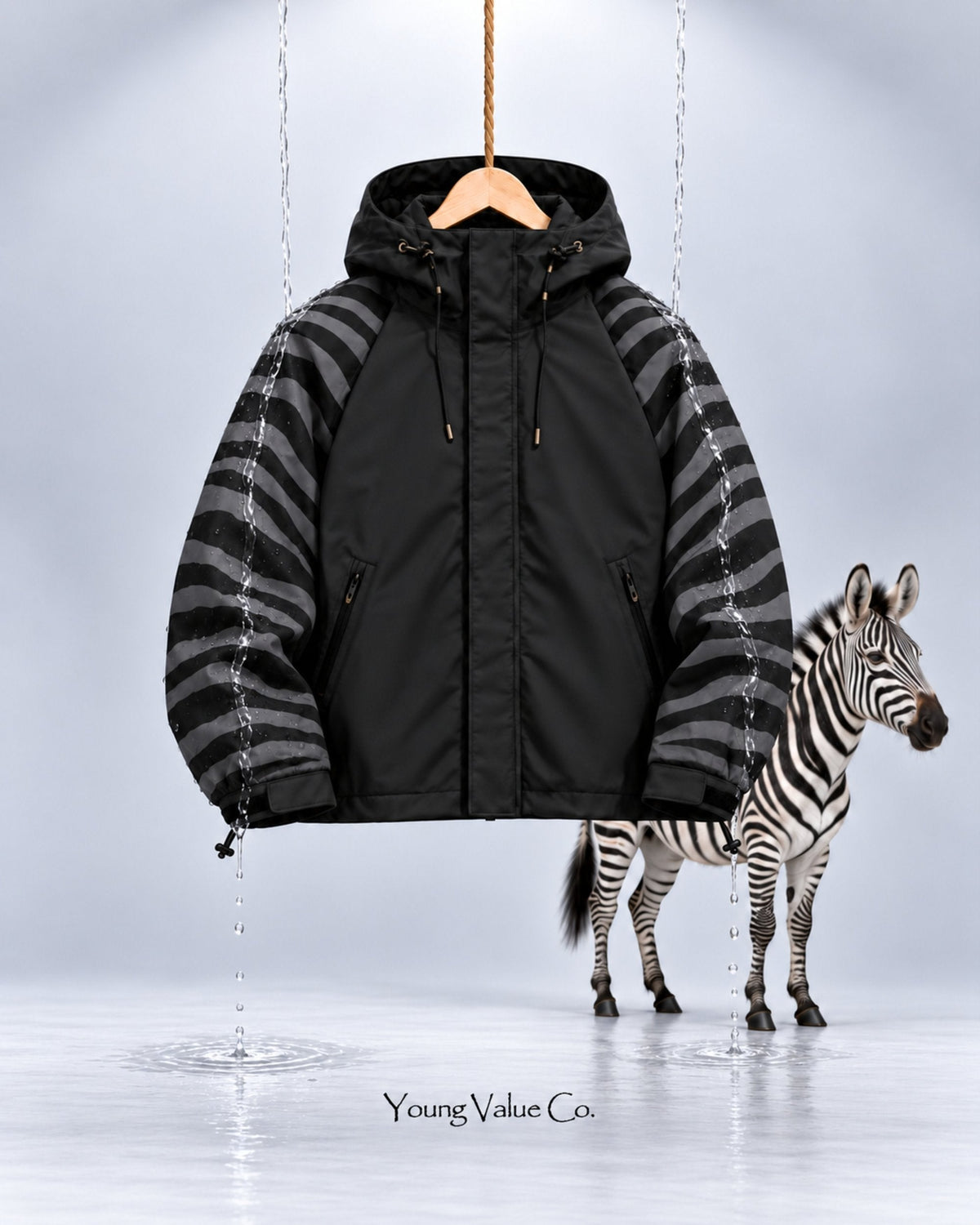 Storm Shell Kids Zebra (adult shown) — Black — in water, with the zebra (post 84)