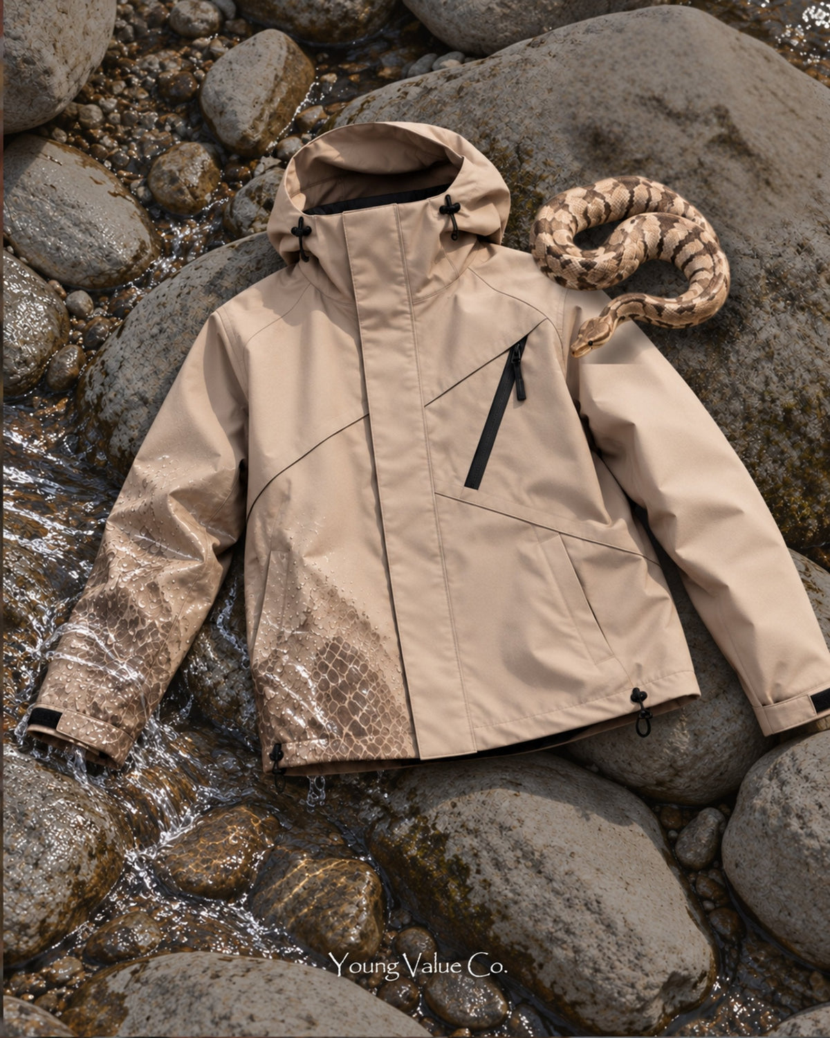 Storm Shell Python 2 — Warm Taupe — in water, with the python (post 91)